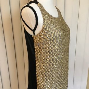 Cynthia Steffens dressy sleeveless top front gold , back in black with zipper